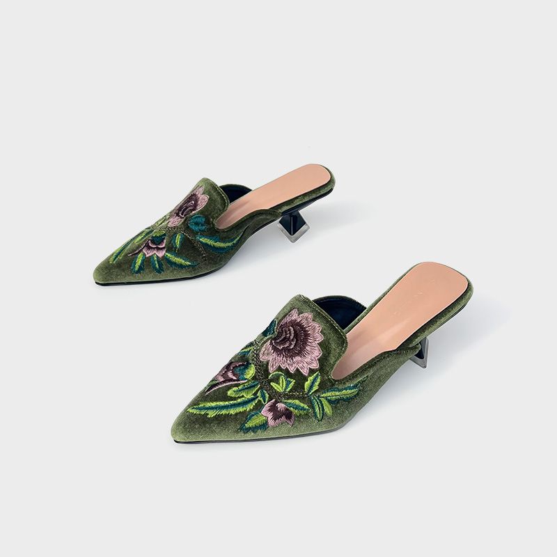 Women’s Shoes Embroidered Mules Mid Heel Pointed Shoes Women's Summer New High Heeled Slippers Half Slip Suede Soft Sole One Step_vogvips.com