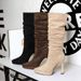 9399-1 Women's Chunky Heel Pointed Toe, High Shaft, Waterproof Platform, Side Zipper, Suede Pleated Stacked Boots,_vogvips.com