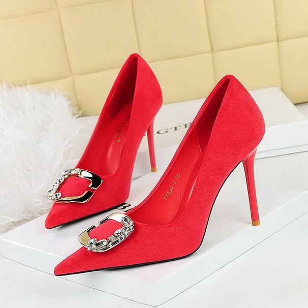 High Heels Women's Shoes Stiletto High Heels Shallow Mouth Pointed Suede Metal Rhinestone Belt Buckle Single Shoes_vogvips.com