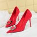 825-K52 Banquet High Women's Thin Heels Shallow Mouth Pointed Velvet Metal Rhinestone Belt Buckle Single Shoes_vogvips.com