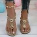 plus Size Rhinestone Chain Strap Open Toe Sandals For Women Flat Elastic Flip Flops Black Brown PU Upper Rubber Sole_vogvips.com