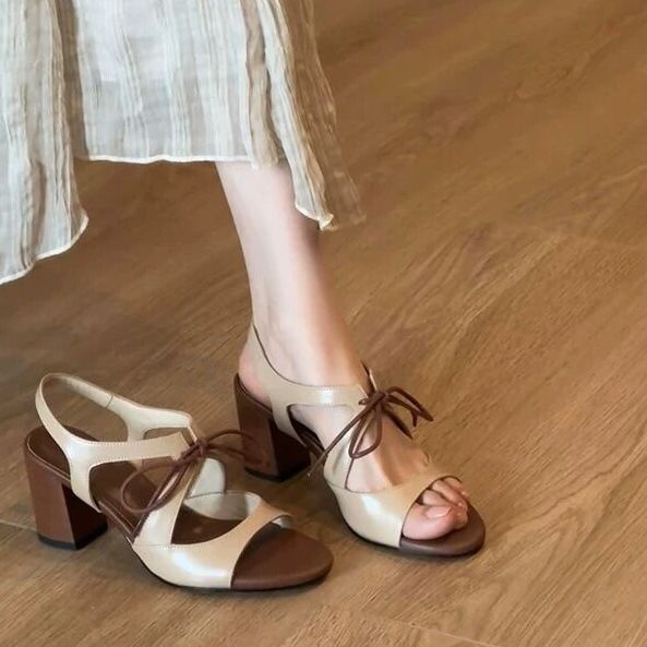 Genuine Leather Chunky Heel Retro Sandals Women, Stunning And Comfortable For Summer, High-heeled With_vogvips.com