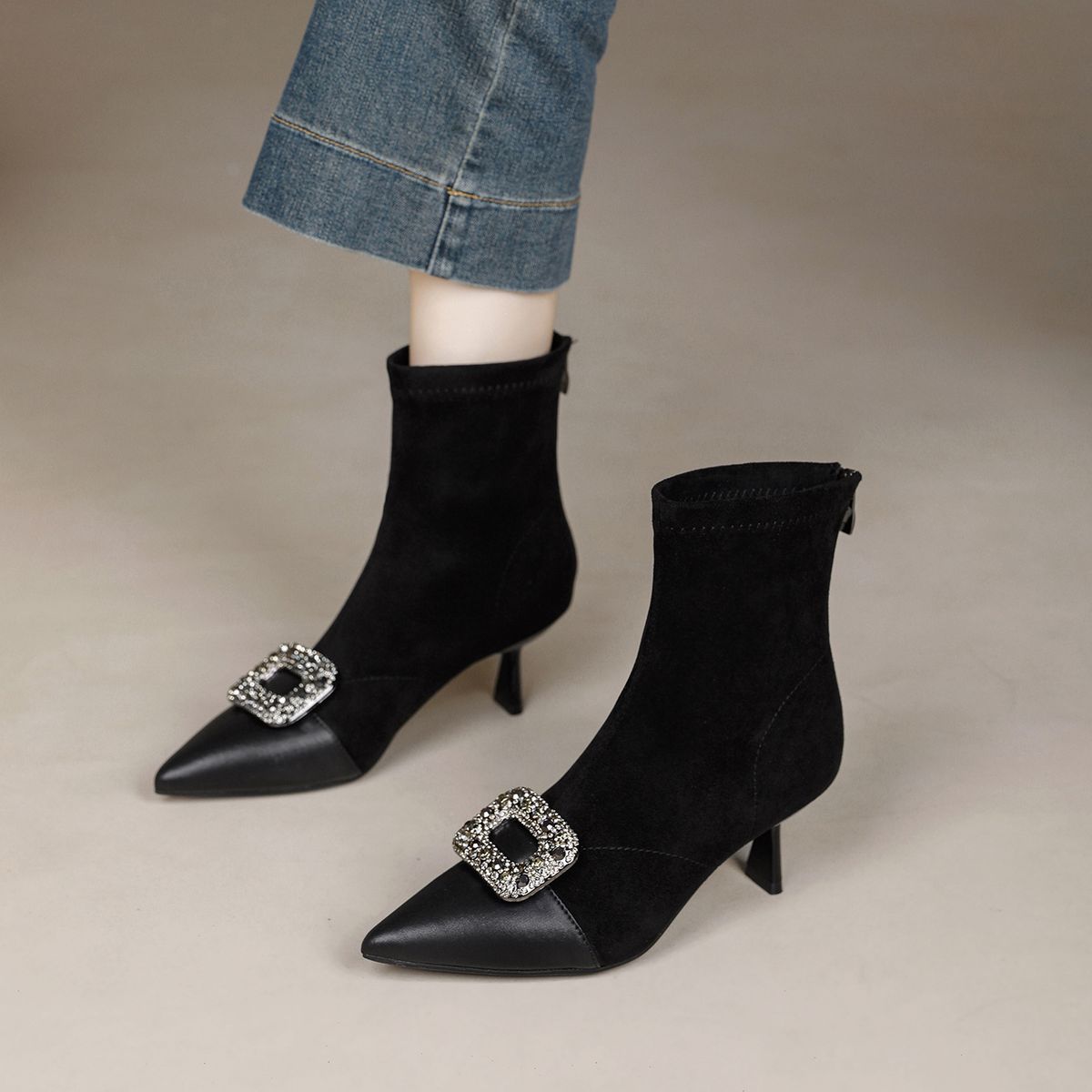 Pointed Toe Fashion High Heel Boots 2025 New Style Thin Heel Chelsea Women's Boots With Rhinestone Square Buckle Slimming Boots Wo_vogvips.com