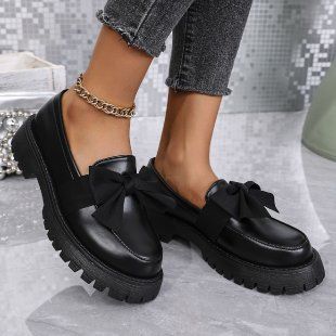 Black Loafers Women Niche Bow Platform Small Leather Shoes Vintage Single Shoes_vogvips.com
