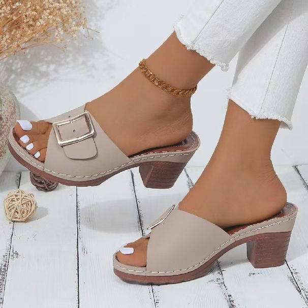 Women's Shoes High Heeled Fish Mouth Slippers For Women Summer Large Size Thick Heeled Square Buckle One Line Slippers_vogvips.com