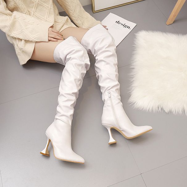 Elegant Pointed Toe Stiletto Knee High Boots For Women - Slenderizing High Heel Boots With Wine Glass Heel - Black & White_vogvips.com