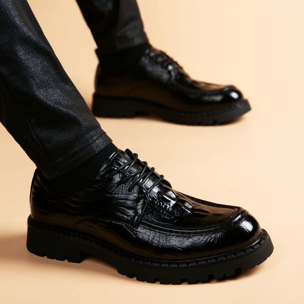 Men's Casual Leather With Crocodile Pattern, Fashionable Thick Soles, Raised Inner Wedding Shoes, Youth British Style_vogvips.com