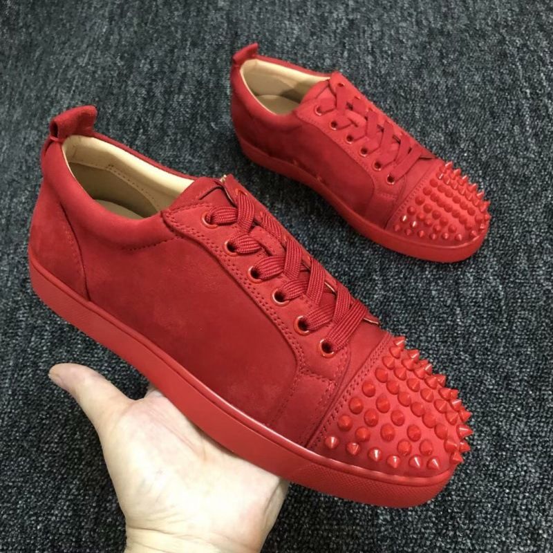 New Style Standard Red Sole Low Top Leather Shoes Rivet Rhinestone Trendy Men's Non-Slip Wear-Resistant Lace-Up_vogvips.com