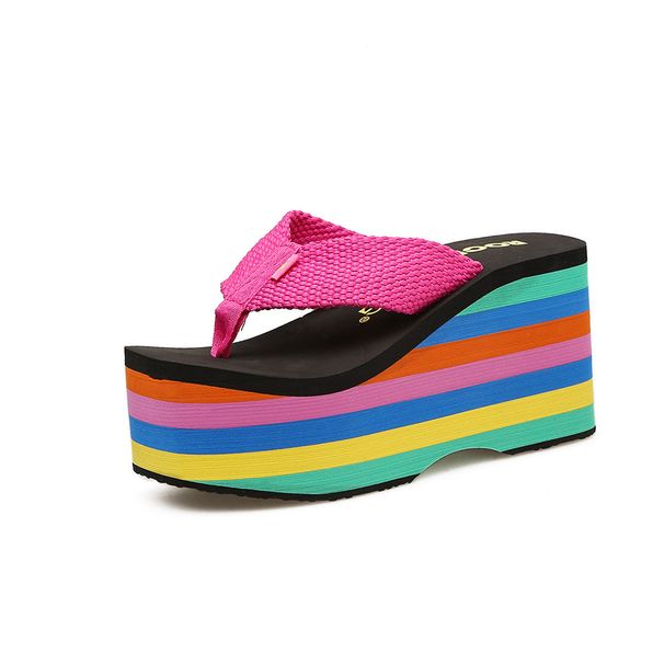 Women's Shoes Summer Rainbow Thick Soled Sandals Super High Heel Flip Flops Women's Colorful Spring Women's Shoes Casual Beach Flip Flops_vogvips.com