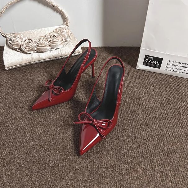 High Heels 2025 Summer New Sexy Pointed Burgundy Bowknot Closed Toe Stiletto French Style Sandals For Women_vogvips.com