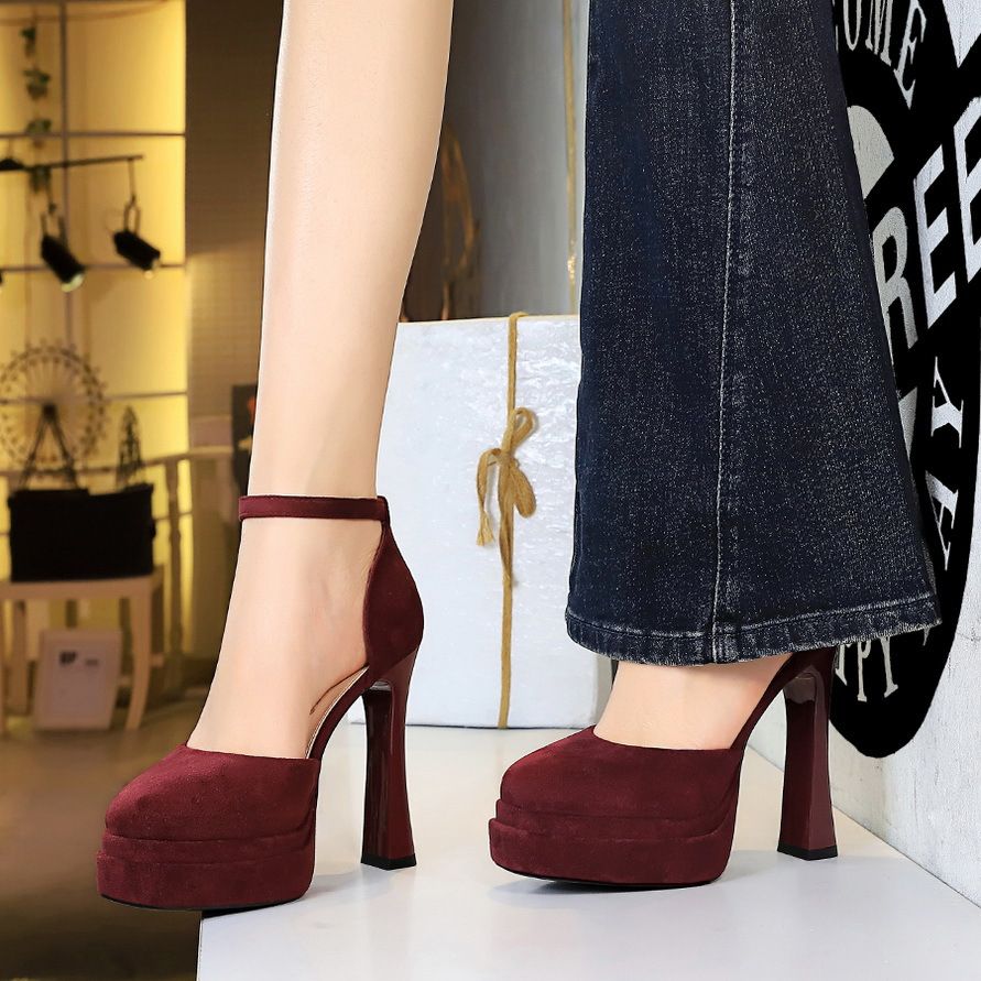 Hollow Shallow Mouth Women's Shoes Round Head Suede Super High Heels Thick Heel Waterproof Table With Sandals_vogvips.com