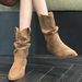 2025 New Autumn Pointed Toe Black Korean Style Chunky Heel Slip-On Short Wrinkled Martin Boots_vogvips.com
