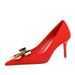 18249-AK68 Korean Style Fashion Party Women's Stiletto High Heels Satin Shallow Mouth Pointed Toe Metal Bow Single Shoes_vogvips.com