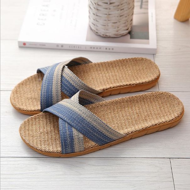Men Shoes Slippers Linen Home Indoor Open Toe Flat Shoe Beach Slippers Striped Spliced Rubber Sandals Zapatillas Hombre_vogvips.com
