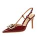 312-K213 European And American Women's High-heeled With Thin Heels, Patent Leather, Shallow Cut, Rhinestones, Metal_vogvips.com