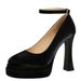 Round Head Satin One-word Strap High Heels, Light Mouth Waterproof Table Thick Heel Women's Shoes, Super High Heel Single Shoes Women_vogvips.com