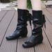 New Trendy Round Toe Low Chunky Heel Ribbon Leather Women's Plus Size Mid-Calf Short Boots_vogvips.com
