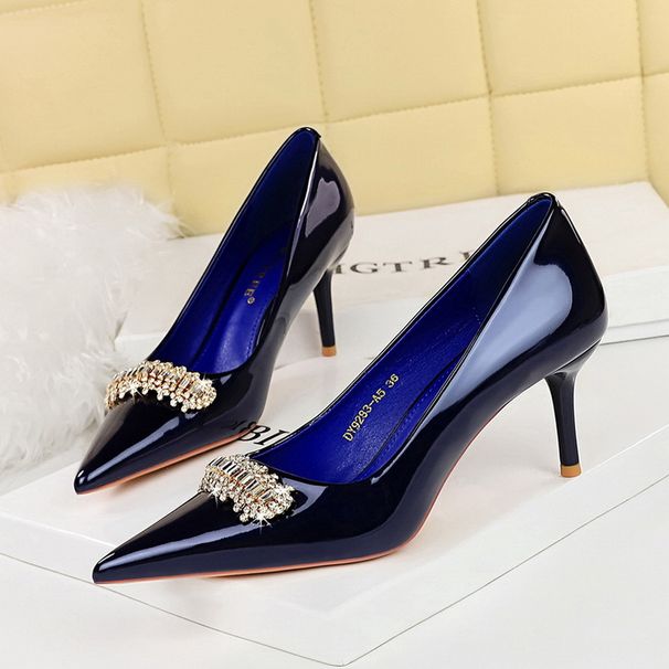 Light Luxury Women's Shoes Thin Heel High Heel Shallow Mouth Pointed Patent Leather Metal Rhinestone Decorative Single Shoes_vogvips.com