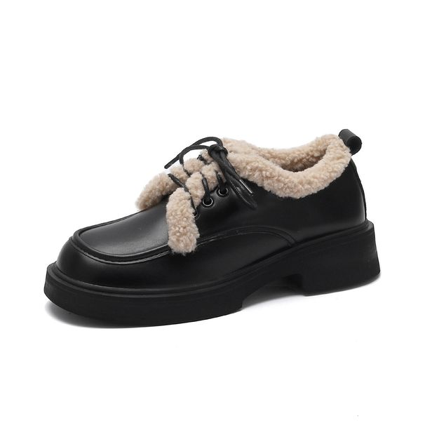 Platform Loafers Women's Retro British Style Single Shoes Women's Lace-up Plush And Furry Small Leather Shoes_vogvips.com