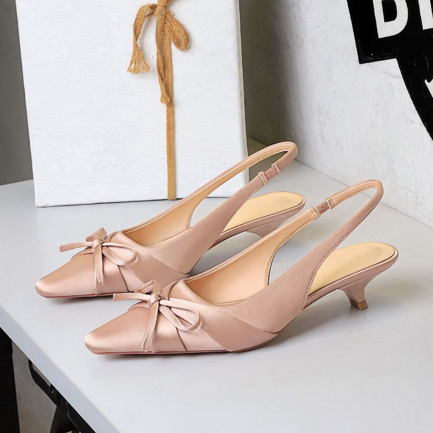 French Satin Bow Thin Heel Light Mouth Single Shoes Women's Pointed Head Low Heel Shoes Rear Empty Rear Strap Women's Shoes_vogvips.com