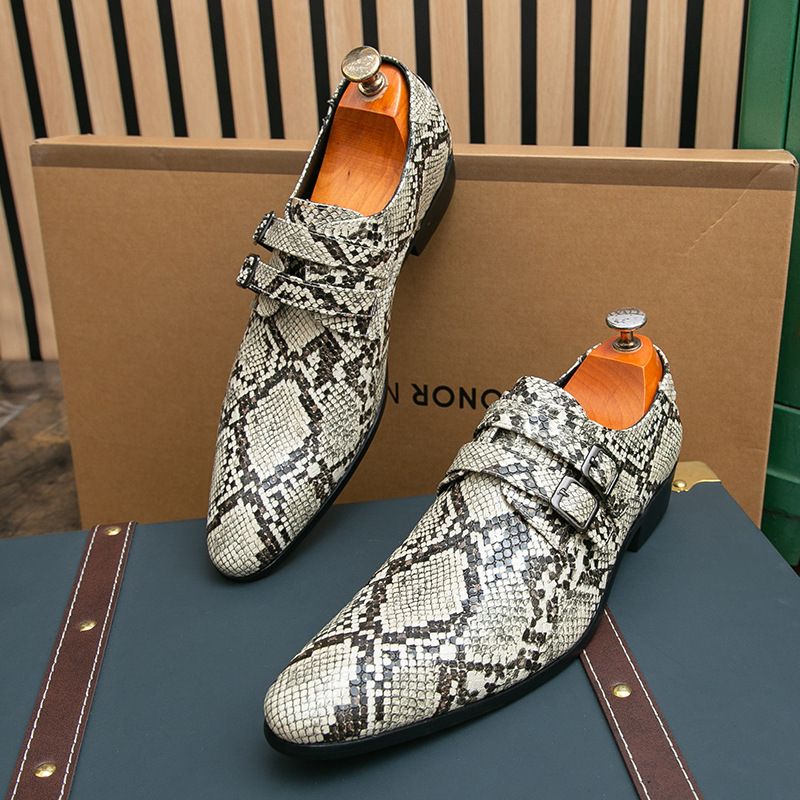 Cross-Border Snake Pattern Small Buckle Trendy Business Formal Slip-On Men's Leather Shoes British Pointed Toe_vogvips.com