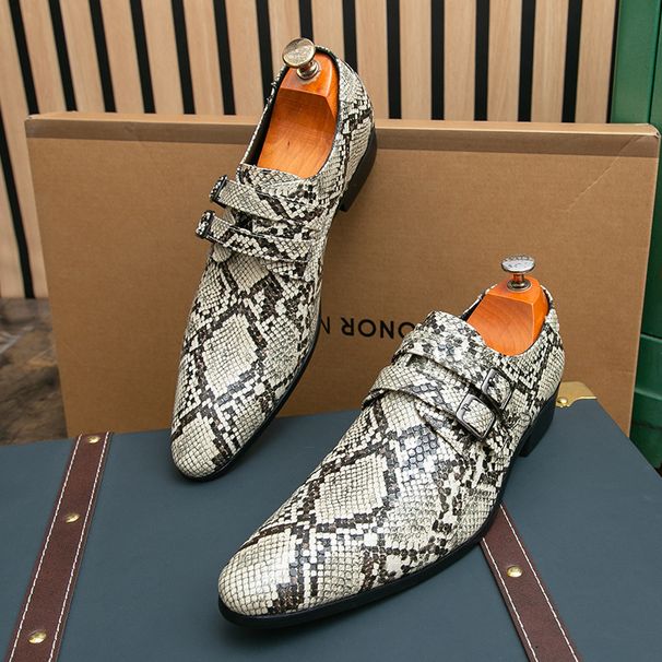 Cross-Border Snake Pattern Small Buckle Trendy Business Formal Slip-On Men's Leather Shoes British Pointed Toe_vogvips.com