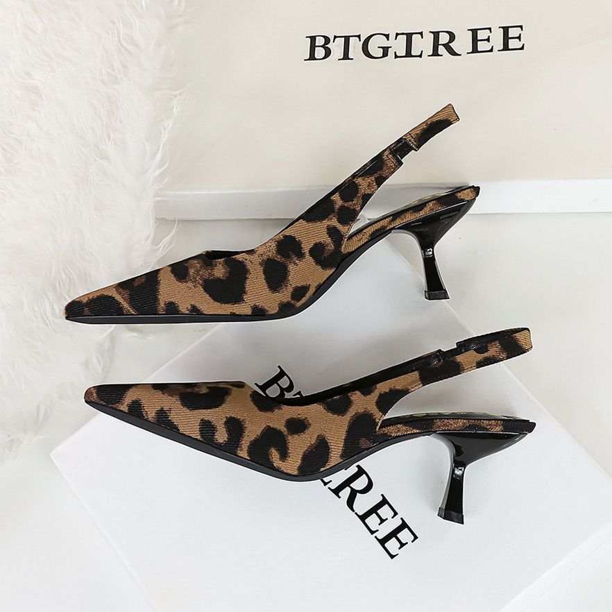 High Heels Women's Leopard Print Fine Heel Hollow Pointed Single Shoes Rear Strap Women's Shoes_vogvips.com