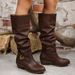 Women's Pleated Retro High Top Boots Metal Buckle Plus Size Slip On Mid Heel Slouch Boots Winter New Style_vogvips.com