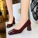 5297 style women's shoes suede shallow mouth splicing color blocked square toe thick mid heel fashionable leopard print_vogvips.com