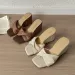 Brown Casual White Wedge Heel Vacation Sandals Open Toe Slip On Shoes For Women Woven Versatile Square Toed Retro Style_vogvips.com