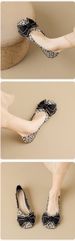 Square Head Single Shoes Women's Flat Bow One Pedal Thousand Bird Grid Soft Sole Shallow Mouth Doudou Shoes_vogvips.com