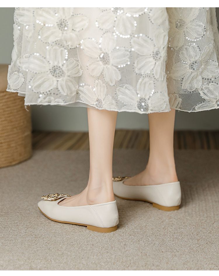 Genuine Leather Flat 2025 Spring-summer New Style Square Toe Rhinestone Shallow Mouth Versatile Mom Large Size Women's_vogvips.com
