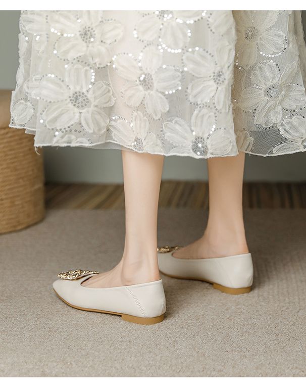 Genuine Leather Flat 2025 Spring-summer New Style Square Toe Rhinestone Shallow Mouth Versatile Mom Large Size Women's_vogvips.com