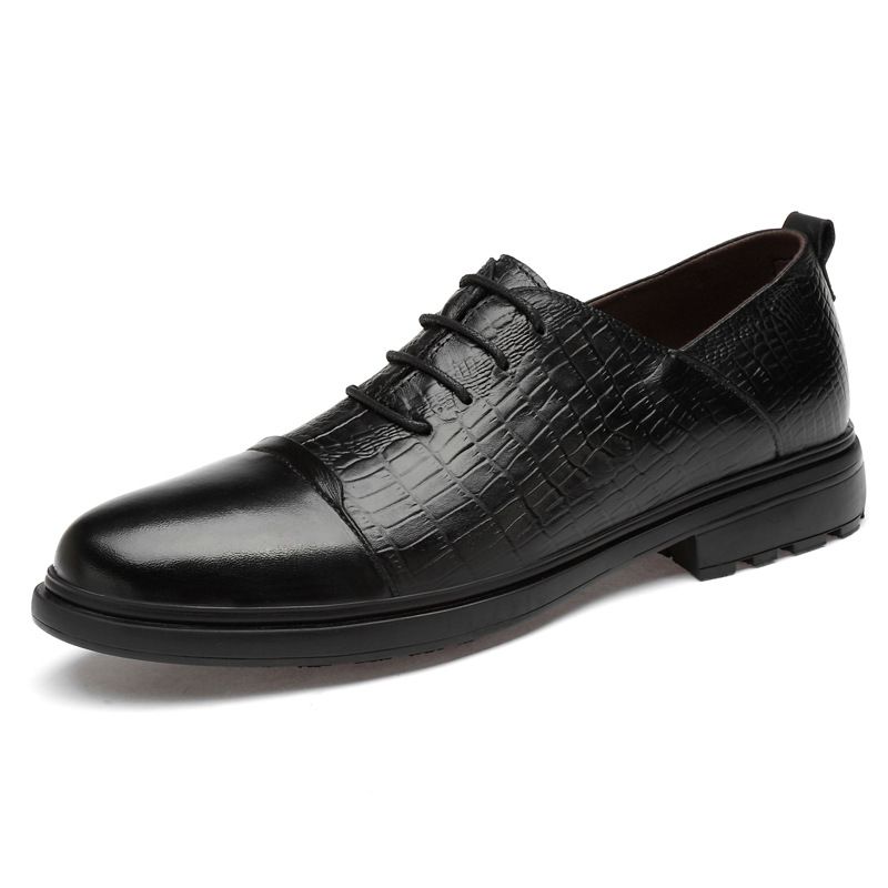 First Layer Men's Embossed Crocodile Pattern Casual Leather Shoes Lace-up Light Mouth Dress Leather Shoes_vogvips.com