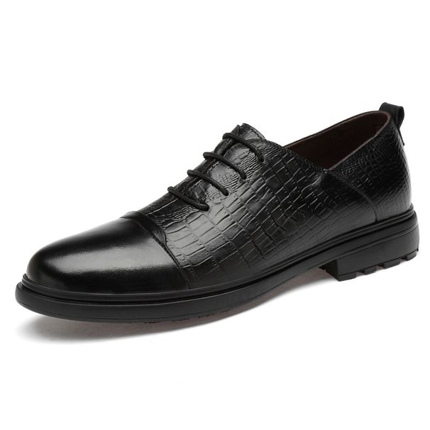 First Layer Men's Embossed Crocodile Pattern Casual Leather Shoes Lace-up Light Mouth Dress Leather Shoes_vogvips.com