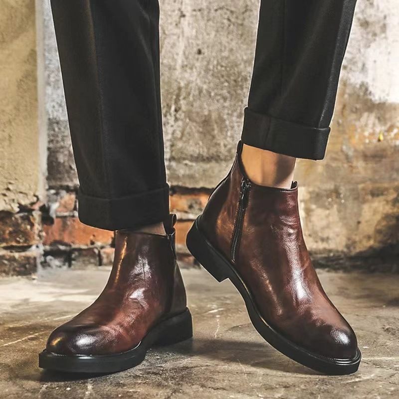 Pointed Retro Chelsea Boots Men's Heightened High-top Leather Shoes Side Zipper Short Boots Medium-top Martin Boots_vogvips.com