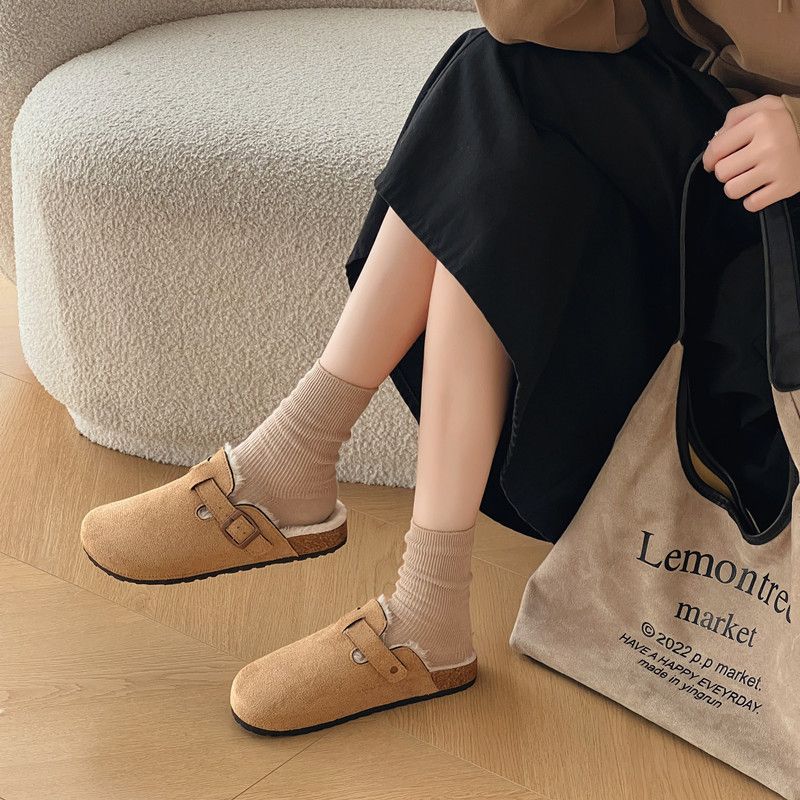 Furry Lazy Thick Sole 2025 Autumn Winter New Slip-On Fleece-Lined Closed-Toe Half Slippers For Women_vogvips.com
