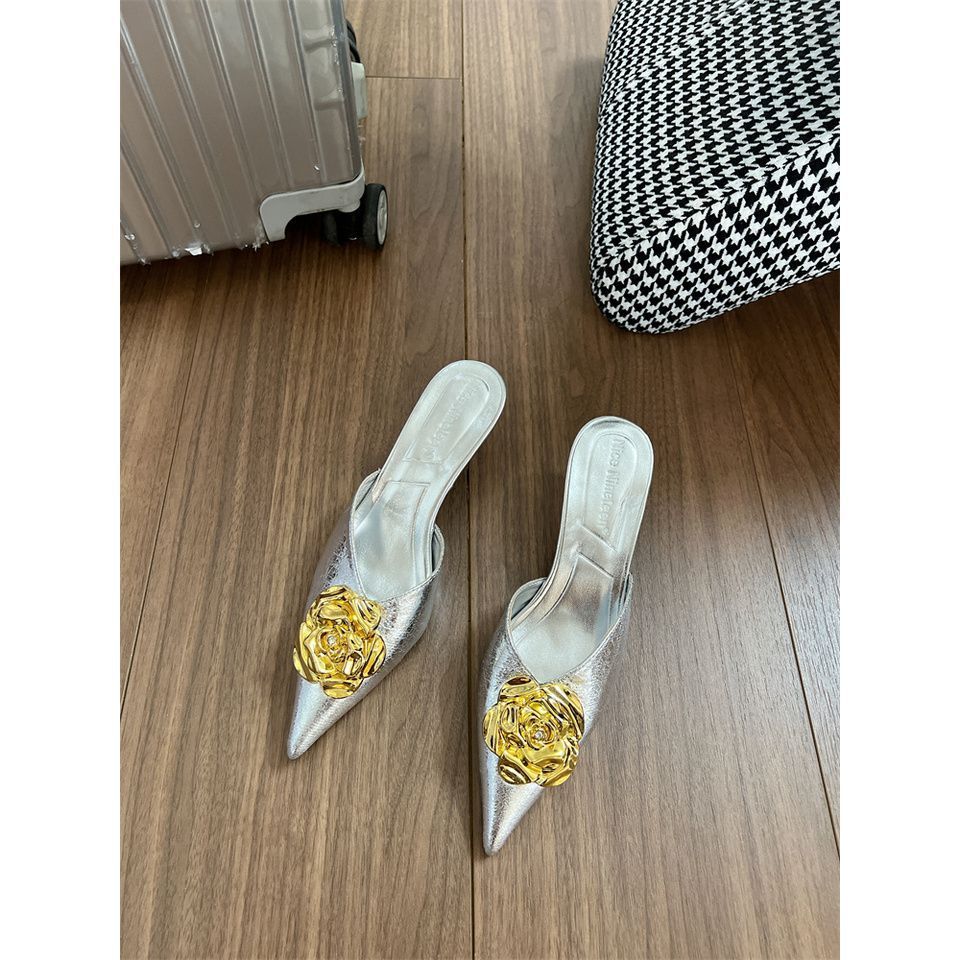 2025 Spring New Fashion Style Metal Camellia Pointed Stiletto High Heel Closed Toe Mules Women's Shoes_vogvips.com