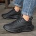 Black Men's With Leather Surface, Soft Shock Absorption, Casual Sports Thick Sole, Height Increasing, Versatile, Student_vogvips.com
