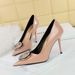 6122-K61 European And American Style High Heels Thin Heel Glossy Patent Leather Shallow Mouth Pointed Toe Metal_vogvips.com