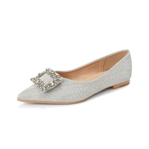French Pointed Single Shoes Women's Shallow Mouth Rhinestone Silver Wedding Shoes Temperament Flat Shoes_vogvips.com