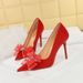 3265-H38 Banquet Light Luxury High Heels Women's Thin Heels, Shallow Mouth, Pointed Mesh Lace Bow Single Shoes_vogvips.com