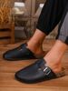 Men's Spring And Autumn Casual Simple Buckle Flat Heel Set Wear Soft Wood Grain Solid Color PU Shoes Bread Head Beach Slippers C_vogvips.com