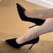 wangjia Wangjia Black Suede High Heels Women Spring And Autumn New Metal Pointed Toe Thin Heel Shallow Mouth_vogvips.com