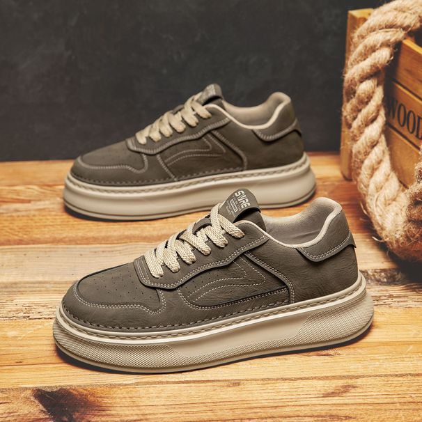 Men's Fashion Leather Extra Thick Sole Height Increasing Board Shoes Lace Up Comfortable Casual Sneakers For Men Autumn Winter_vogvips.com