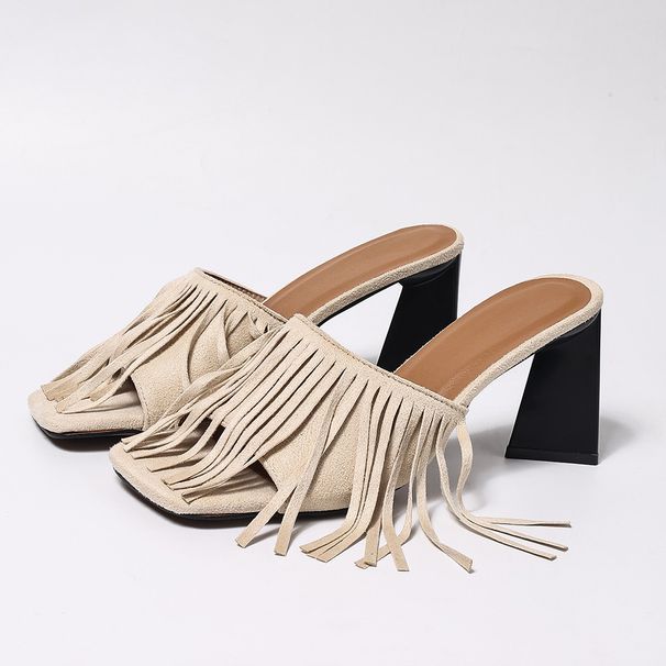 European And American Sexy Shoes With Tassels, Square Toe, Holiday Party High Heels, Bohemian Western Chunky Heel_vogvips.com