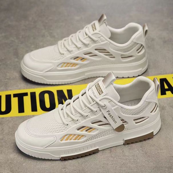 Men's Breathable Mesh Sneakers - Lightweight Casual Shoes For Summer, Low-Top Lace-Up Design With Rubber Sole, Youth Fashion White & Blue/Gray/Beige_vogvips.com