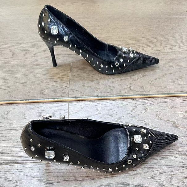 Spicy Girl Women's Pointed Toe High Heels 2025 Spring New Punk Rivet Rhinestone Closed Toe Mule Shoes_vogvips.com
