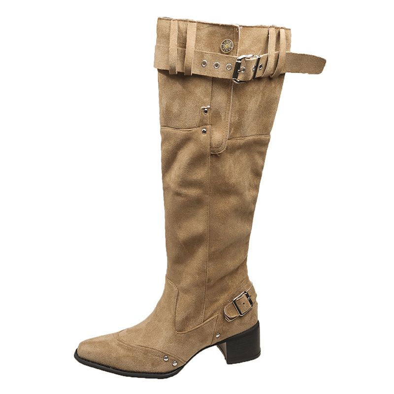 Women's Over-the-Knee Long 2025 Spring Summer New Thick Heel Slimming Pointed Toe Belt Buckle Pleated Slouch Boots_vogvips.com