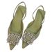 Pointed Toe Square Buckle Rhinestone Sandals For Women, Green Fairy Tale Style, Thin Low Heel, French High-End Feel,_vogvips.com